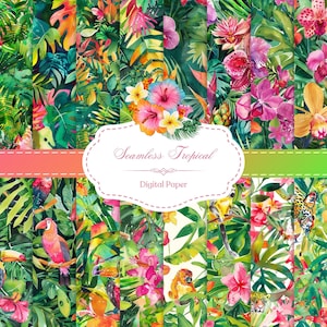 Può includere: Un pacchetto di carta digitale con 12 motivi tropicali senza cuciture che presentano tucani, scimmie, pappagalli, leopardi, fiori e lussureggiante fogliame verde. I motivi sono perfetti per progetti di artigianato, scrapbooking e design digitale.