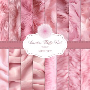 May include: A set of 10 digital papers featuring seamless patterns of pink fur and feathers. The papers are ideal for crafting, scrapbooking, and digital design projects.