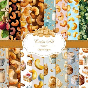 Puede incluir: Una colección de diseños de papel digital con anacardos. Los patrones incluyen ilustraciones de anacardos, árboles de anacardos y artículos relacionados como postres y bebidas. El texto "Cashew Nut Digital Paper" se muestra en una etiqueta decorativa.