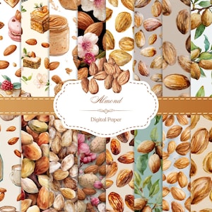 Puede incluir: Una colección de papeles digitales de acuarela con almendras, flores de almendro y dulces a base de almendras. Los papeles muestran una variedad de diseños, incluyendo tarros de mantequilla de almendras, pasteles y almendras dispersas. Se muestra el texto "Almond Digital Paper".