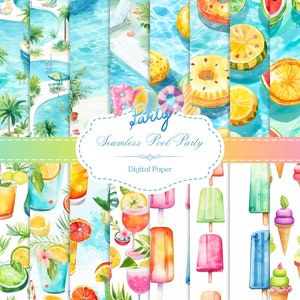 May include: A set of 10 digital papers featuring watercolour illustrations of summer pool party themes. The designs include cocktails, ice cream, pool floats, and palm trees. The papers are seamless and can be used for scrapbooking, card making, and other craft projects.