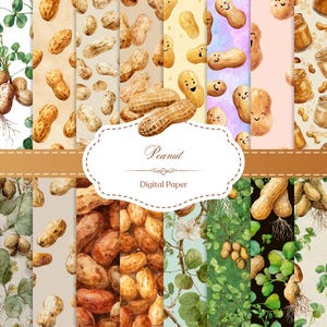 May include: A selection of digital paper designs showcasing peanuts. The designs include watercolour illustrations of peanuts, peanut plants, and jars of peanut butter. The colour palette includes shades of brown, green, and beige. The text "Peanut Digital Paper" is displayed on a decorative label.