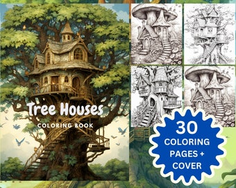 30 Tree Houses Coloring Book - Adults Kids Coloring Pages, Instant Download, Grayscale Coloring Book, Printable PDF File