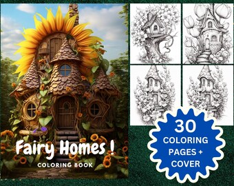 30 Fairy Homes Coloring Book - Adults Kids Coloring Pages, Instant Download, Grayscale Coloring Book, Printable PDF File