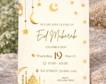 May include: An invitation card with a cream background, gold accents, and text. The card features a crescent moon, stars, and a mosque illustration. Text includes "Eid Mubarak Celebration" and event details.