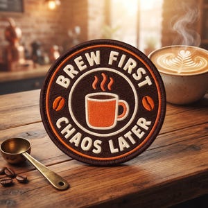 May include: A circular embroidered patch featuring a dark brown background with an orange border. The text BREW FIRST CHAOS LATER is stitched in white, surrounding a central orange coffee mug icon with steam and two coffee bean graphics.
