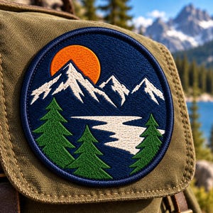 Può includere: Una toppa ricamata circolare raffigurante un paesaggio montano con un sole arancione brillante, cime innevate bianche, un lago blu e pini verdi, fissata sulla patta in tela verde oliva di uno zaino con dettagli in pelle marrone.