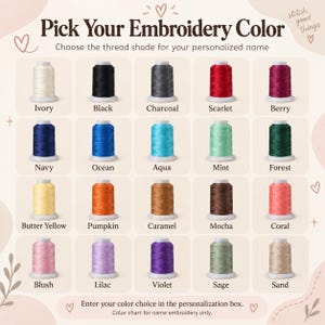 May include: A colour chart for embroidery thread featuring twenty spools in various shades including ivory, black, charcoal, scarlet, berry, navy, ocean, aqua, mint, forest, butter yellow, pumpkin, caramel, mocha, coral, blush, lilac, violet, sage, and sand.