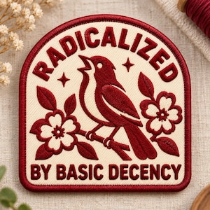 Radicalized by Basic Decency Patch, Political Embroidered Patch, Social Justice Bird Iron On Patch, Activist Jacket Backpack Patch