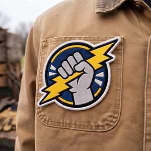 Puede incluir: Una chaqueta beige con botones y un parche bordado circular en el bolsillo del pecho. El parche muestra un pu&ntilde;o gris cerrado sosteniendo un rayo amarillo sobre un fondo azul oscuro, todo delineado con un borde blanco grueso.