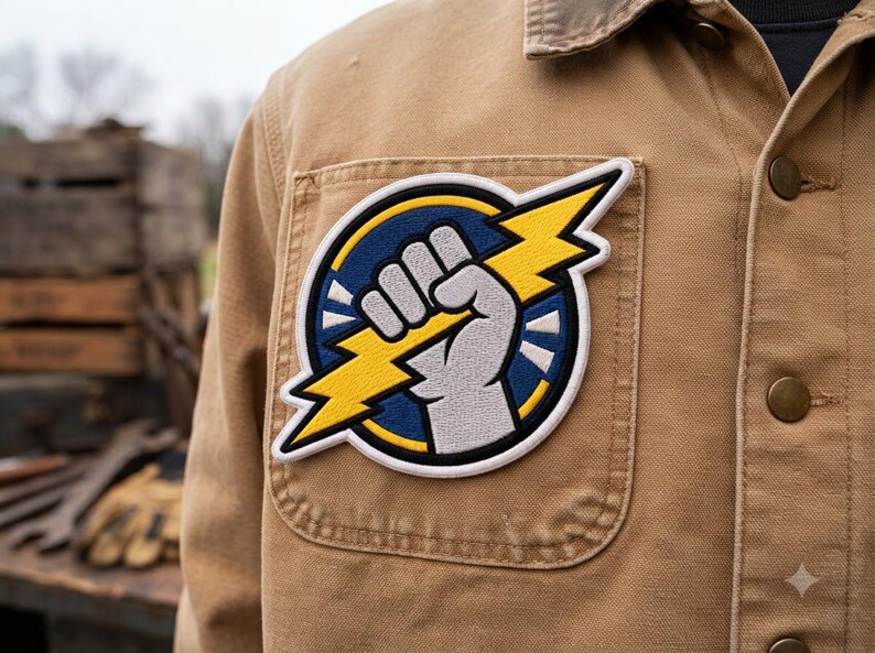 Puede incluir: Una chaqueta beige con botones y un parche bordado circular en el bolsillo del pecho. El parche muestra un pu&ntilde;o gris cerrado sosteniendo un rayo amarillo sobre un fondo azul oscuro, todo delineado con un borde blanco grueso.