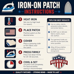 Puede incluir: Un gr&aacute;fico de instrucciones titulado IRON-ON PATCH INSTRUCTIONS con cinco pasos numerados: calentar la plancha, colocar el parche, cubrir con un pa&ntilde;o, presionar firmemente durante 20-30 segundos y enfriar. Incluye consejos de tela y un escudo MADE IN THE USA.