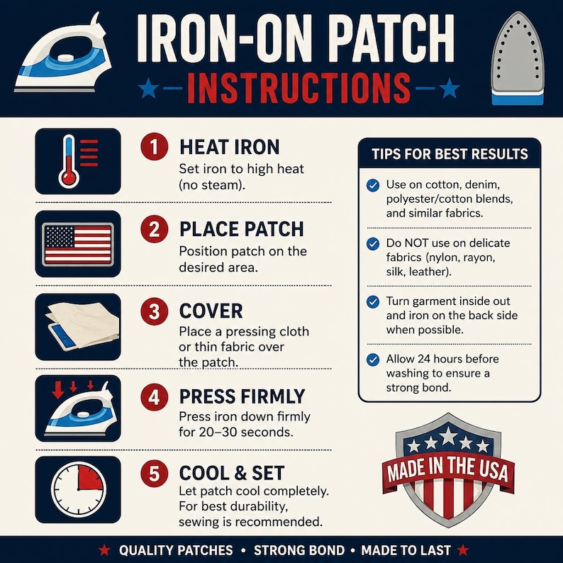 Puede incluir: Un gr&aacute;fico de instrucciones titulado IRON-ON PATCH INSTRUCTIONS con cinco pasos numerados: calentar la plancha, colocar el parche, cubrir con un pa&ntilde;o, presionar firmemente durante 20-30 segundos y enfriar. Incluye consejos de tela y un escudo MADE IN THE USA.