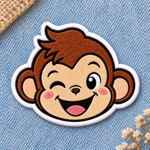 May include: An embroidered patch featuring a cartoon monkey face with brown fur, a winking eye, a wide smiling mouth with a pink tongue, and rosy pink cheeks. The design is outlined in a thick white border with a dark brown inner edge.