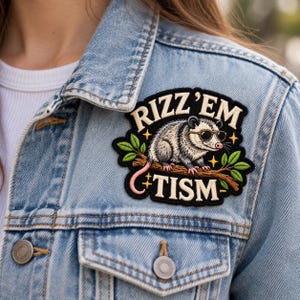 Funny Opossum Patch, Rizz Em Tism Possum Patch, Iron On Embroidered Patch for Jacket Backpack Hat, Funny Animal Meme Gift
