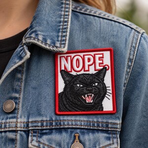 Black Cat Patch, Funny NOPE Cat Embroidered Patch, Iron On Patch for Jacket Backpack Hat, Goth Meme Cat Lover Gift