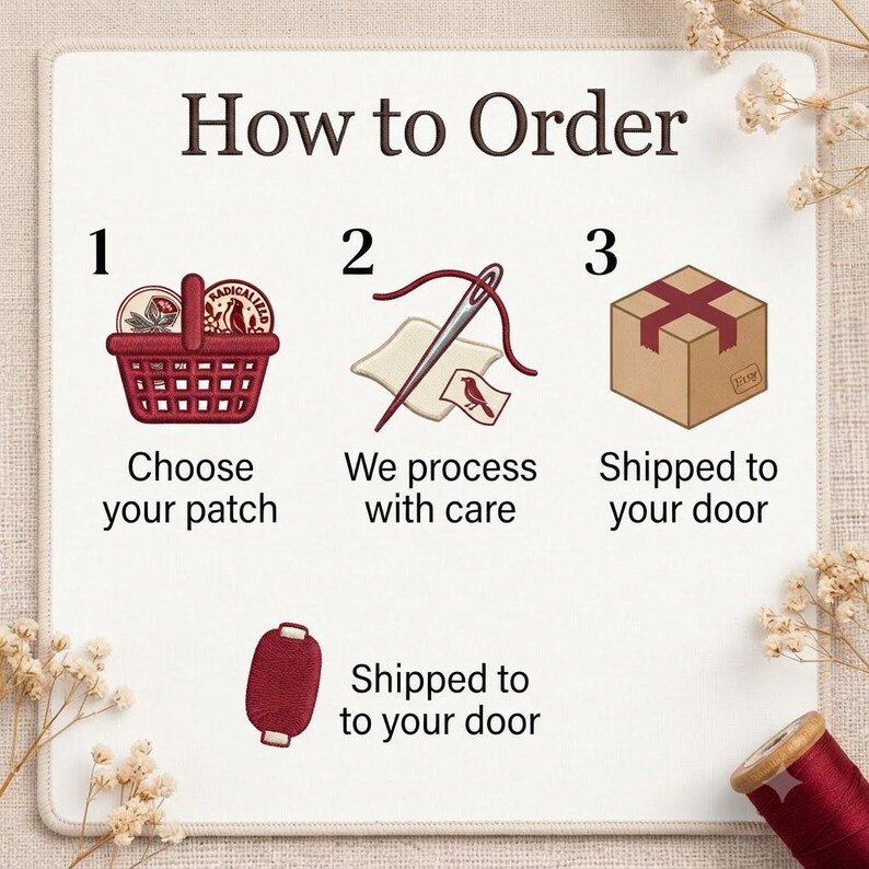 May include: A white instructional card titled How to Order with three steps. Step 1 shows a red basket with patches. Step 2 shows a needle and thread with a bird patch. Step 3 shows a brown cardboard box. A red thread spool is also visible.