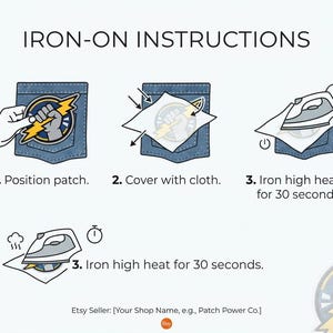 Puede incluir: Un gr&aacute;fico de instrucciones titulado IRON-ON INSTRUCTIONS que muestra tres pasos: 1. Colocar el parche en un bolsillo de mezclilla, 2. Cubrir con un pa&ntilde;o, 3. Planchar a alta temperatura por 30 segundos. El parche muestra un pu&ntilde;o gris y un rayo.