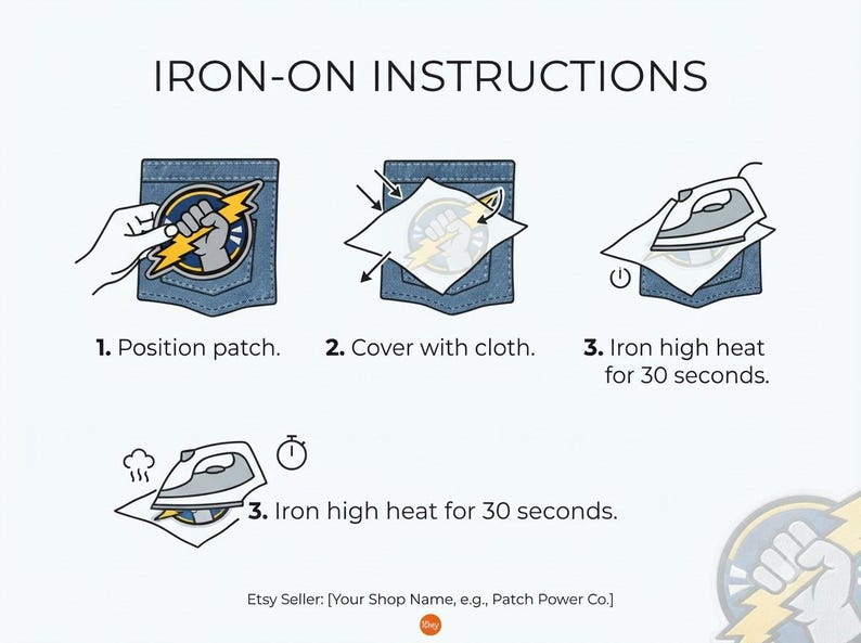 Puede incluir: Un gr&aacute;fico de instrucciones titulado IRON-ON INSTRUCTIONS que muestra tres pasos: 1. Colocar el parche en un bolsillo de mezclilla, 2. Cubrir con un pa&ntilde;o, 3. Planchar a alta temperatura por 30 segundos. El parche muestra un pu&ntilde;o gris y un rayo.