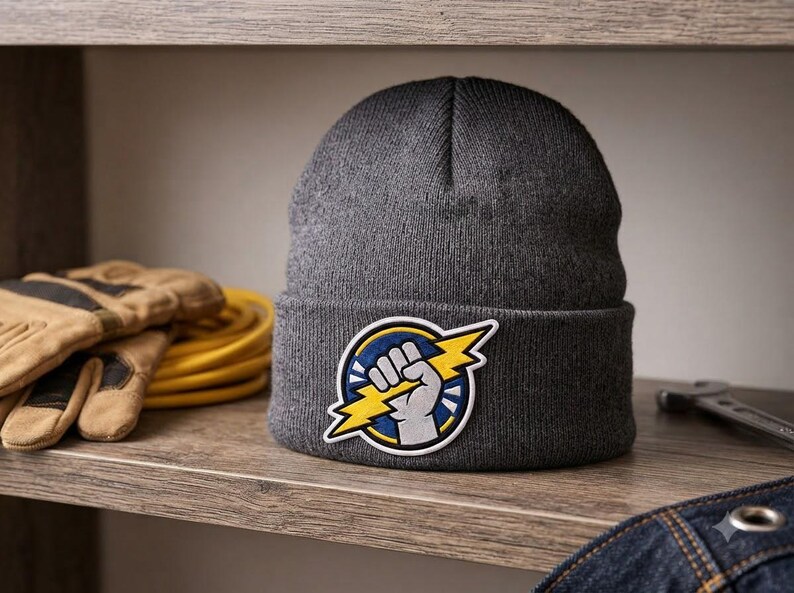 Puede incluir: Un gorro de punto gris carb&oacute;n con un parche bordado circular en el dobladillo. El parche muestra un pu&ntilde;o gris que sujeta un rayo amarillo dentado sobre un fondo azul, todo ello delineado con un grueso borde blanco.