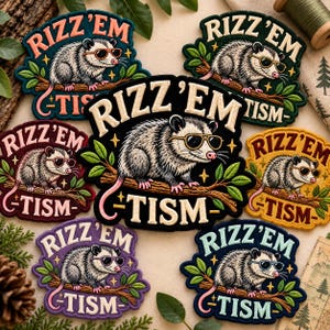 May include: A collection of seven embroidered patches featuring a gray opossum wearing sunglasses while perched on a tree branch. Each patch displays the text RIZZ'EM TISM in bold lettering, with varying background colors including teal, dark green, maroon, yellow, purple, and navy blue.