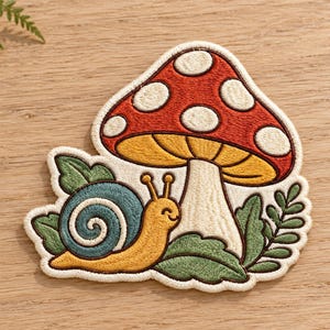 May include: An embroidered patch featuring a red mushroom with white spots and a yellow underside. A yellow snail with a blue spiral shell is positioned at the base of the mushroom, surrounded by green leaves and a small fern-like plant.