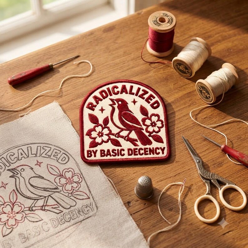 May include: A circular embroidered patch with a cream background and dark red border featuring a bird perched on a branch with flowers and the text RADICALIZED BY BASIC DECENCY. A matching outline is printed on a piece of fabric nearby.