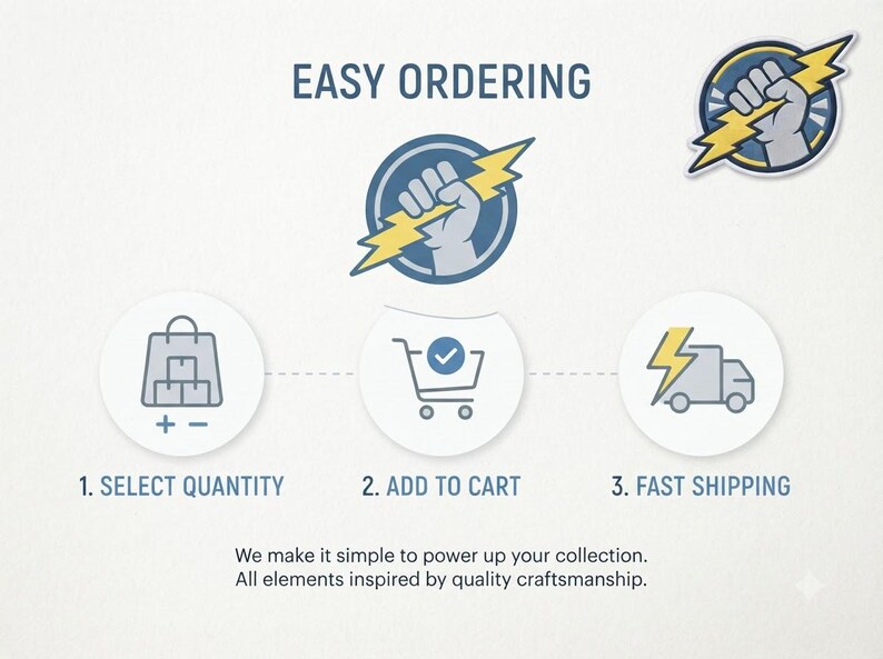 Puede incluir: Una infograf&iacute;a titulada EASY ORDERING con un logotipo de un pu&ntilde;o sosteniendo un rayo. Se muestran tres pasos: 1. SELECT QUANTITY con un icono de bolsa, 2. ADD TO CART con un icono de carrito y 3. FAST SHIPPING con un icono de cami&oacute;n.
