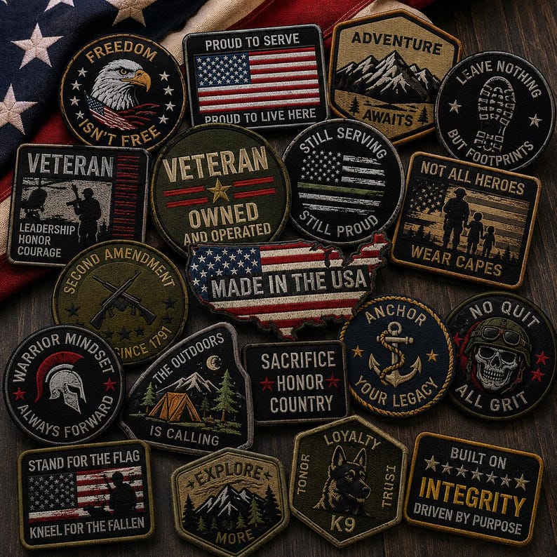 Puede incluir: Una colecci&oacute;n de parches bordados con diversos dise&ntilde;os, incluyendo banderas estadounidenses, temas militares, paisajes al aire libre y lemas patri&oacute;ticos como 'Veteran Owned and Operated', 'Made in the USA' y 'Sacrifice Honor Country' sobre una superficie oscura.