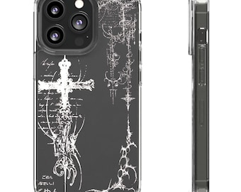 White Gothic Cross Skizze Klarsichthülle | Transparente Handyhülle, Grunge Artwork für IPhone Samsung Handyhüllen