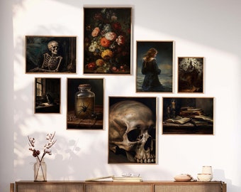 May include: A gallery wall with nine framed prints. The prints feature a variety of subjects, including a skull, a spider in a jar, a bouquet of flowers, a woman in a dress, and a still life with books. The prints are arranged in a grid pattern on a white wall.