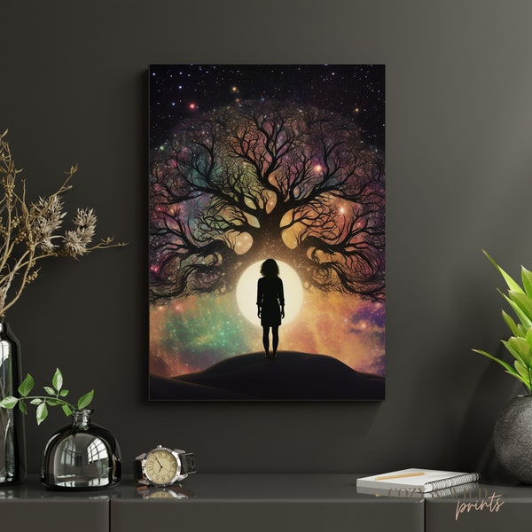 Psychedelic wall art | psychedelic poster digital download, spiritual wall art tree of life, wall decor galaxy art, yoga room decor