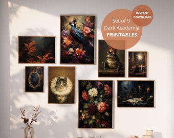 May include: Set of 9 printable digital art prints in a dark academia style. The prints feature a variety of images, including a bird, a frog, a cat, flowers, and a book. The prints are perfect for adding a touch of whimsy and sophistication to any room.
