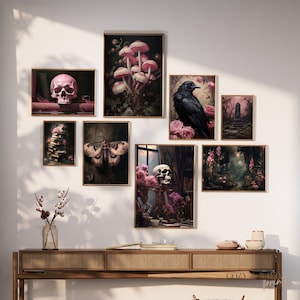 Dark Academia Dekor-Set mit 8 Printables, rosa Goth-Raumdekor, Digitaldrucke dunkle Wandkunst, florale gothic druckbare Kunst, Cottagecore Geschenke