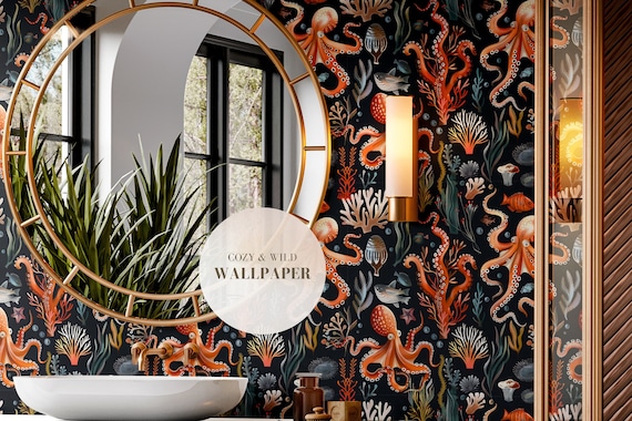 Ocean Octopus Peel and Stick Wallpaper, Removable Wall Decor, Renter friendly wallpaper, Ocean print wall art, Nautical wallpaper