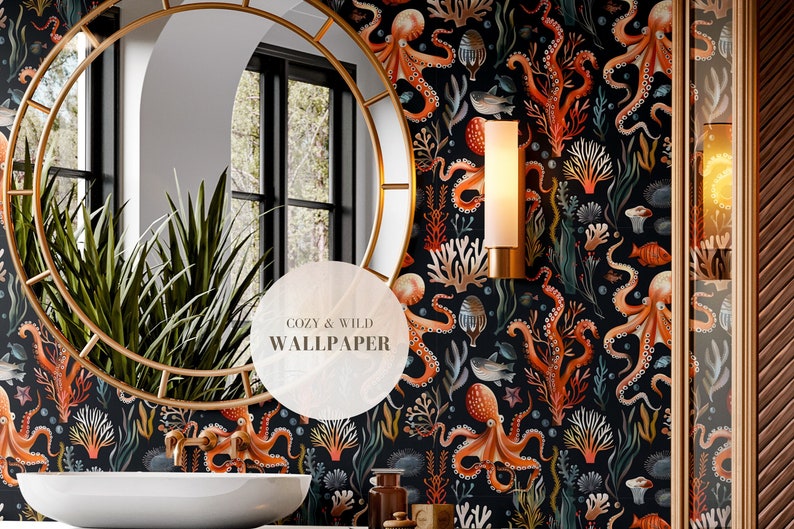 Wallpaper in bathroom with ocean print with octopuses and corals