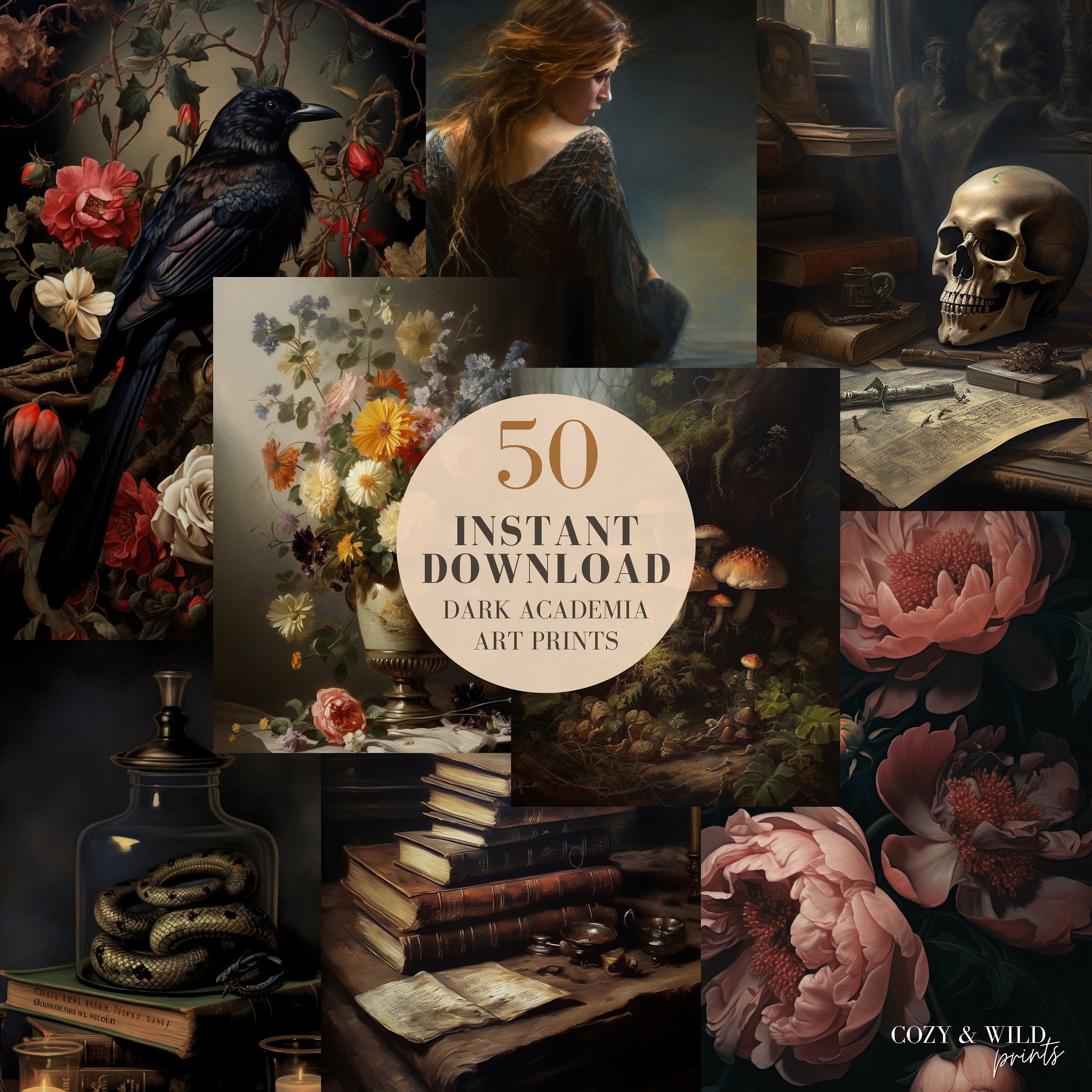 Printable Art Moody, Digital Art Prints Darkacademia Flowers, Victorian