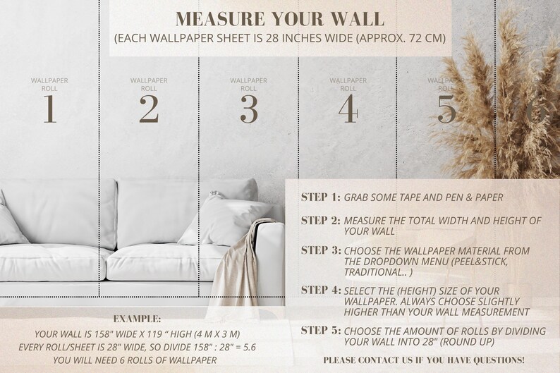 K&ouml;nnte beinhalten: Bild mit Text: &bdquo;MESSEN SIE IHRE WAND&ldquo; und Anweisungen zur Tapetenverlegung. Enth&auml;lt ein Sofa und Pampasgras. Jede Tapetenbahn ist ca. 72 cm breit. Beispiel: Eine 4 m breite Wand ben&ouml;tigt 6 Rollen. Anweisungen beinhalten das Messen der Wand.