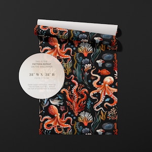 Sheet of wallpaper with ocean print with octopuses and corals with black background