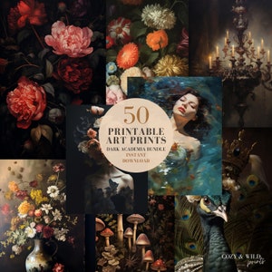 Dark Academia druckt Bündel, launische florale druckbare Kunst, Darke Academia Kunstset von 50 Stück, Einweihungsgeschenk für sie, dunkle botanische Drucke