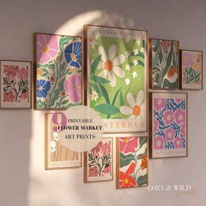 Impresión del mercado de flores, conjunto de 9, carteles de decoración floral, cartel de Londres, arte botánico de la pared, impresión de París, conjunto de arte de pared personalizado, descarga digital