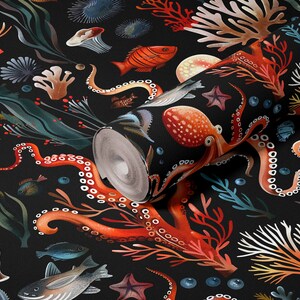 Wallpaper Peel and stick, wallpaper traditional, Ocean print wallpaper roll with octopi, corals and black background