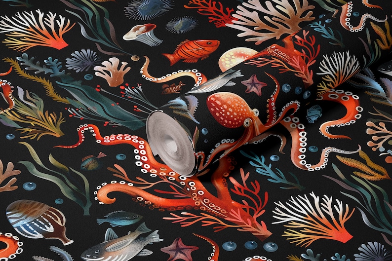 Wallpaper Peel and stick, wallpaper traditional, Ocean print wallpaper roll with octopi, corals and black background