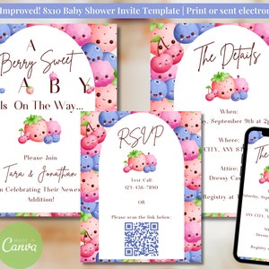 Een Berry Sweet Baby, Baby Shower Sjabloon, Afdrukbaar, Instant Download, Fruit, Bessen, Cartoon Art, Party Uitnodigen, E-Vite, Party Flyer