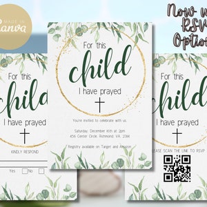 For This Child I Have Prayed Baby Shower Invite Template, Printable, Instant Download, Baby Shower Invite, Gold, Greenery, Religious, E-Vite