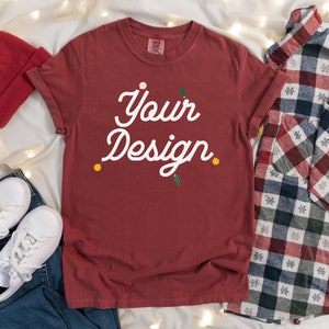 Crimson Comfort Colors 1717 Christmas Mockup | T Shirt Mockup | Comfort Colors Mockup | Flatlay Mockup | Holiday Collection