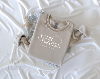 Sand Gildan 18000 Sweatshirt Mockup | Heavy Blend Crewneck Sweat Shirt Mock Up | Folded Flat Lay Mock-Up | Flatlay Mockups