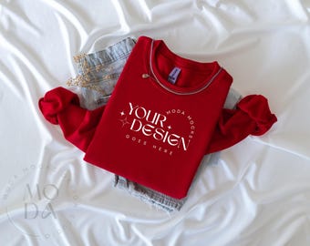 Red Gildan 18000 Sweatshirt Mockup | Heavy Blend Crewneck Sweat Shirt Mock Up | Folded Flat Lay Mock-Up | Flatlay Mockups
