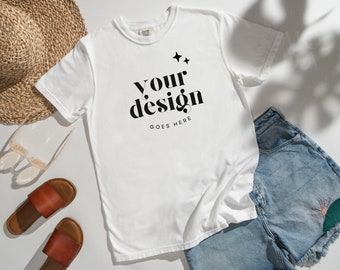 White Comfort Colors 1717 Mockup | T Shirt Mockup | Comfort Colors Mockup | Flatlay Mockup | Sunny Styled Collection