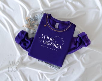 Purple Gildan 18000 Sweatshirt Mockup | Heavy Blend Crewneck Sweat Shirt Mock Up | Folded Flat Lay Mock-Up | Flatlay Mockups